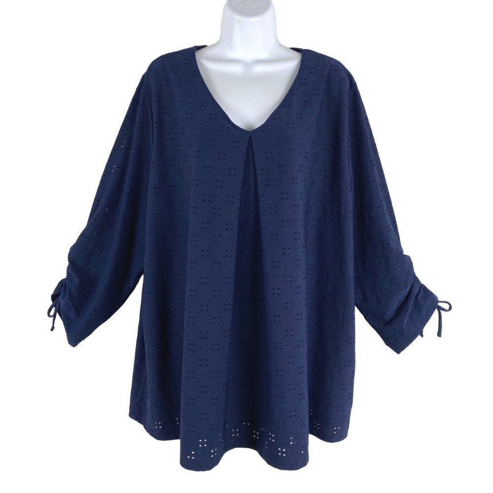 Catherines Top 2X Eyelet Blue Ruched 3/4 Sleeve Polyester Spandex‎ CJ-1274
